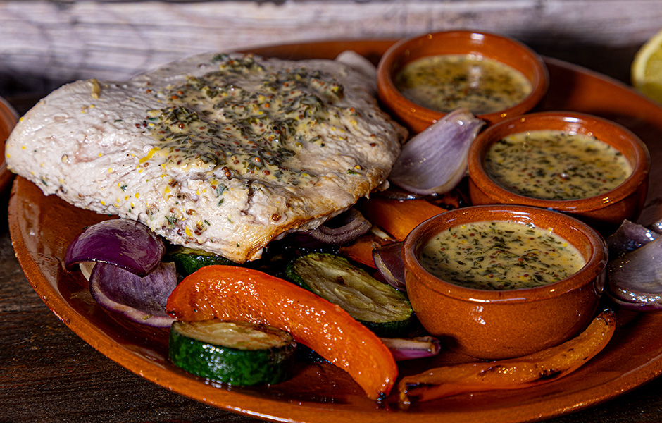 Mosterd schnitzel met gegrilde groenten