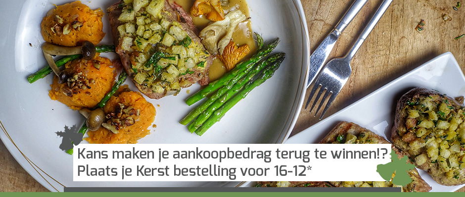Belgische Blauwe Kalfsoesters met krokante kruidenkorst en zoete aardappelpuree van de BBQ